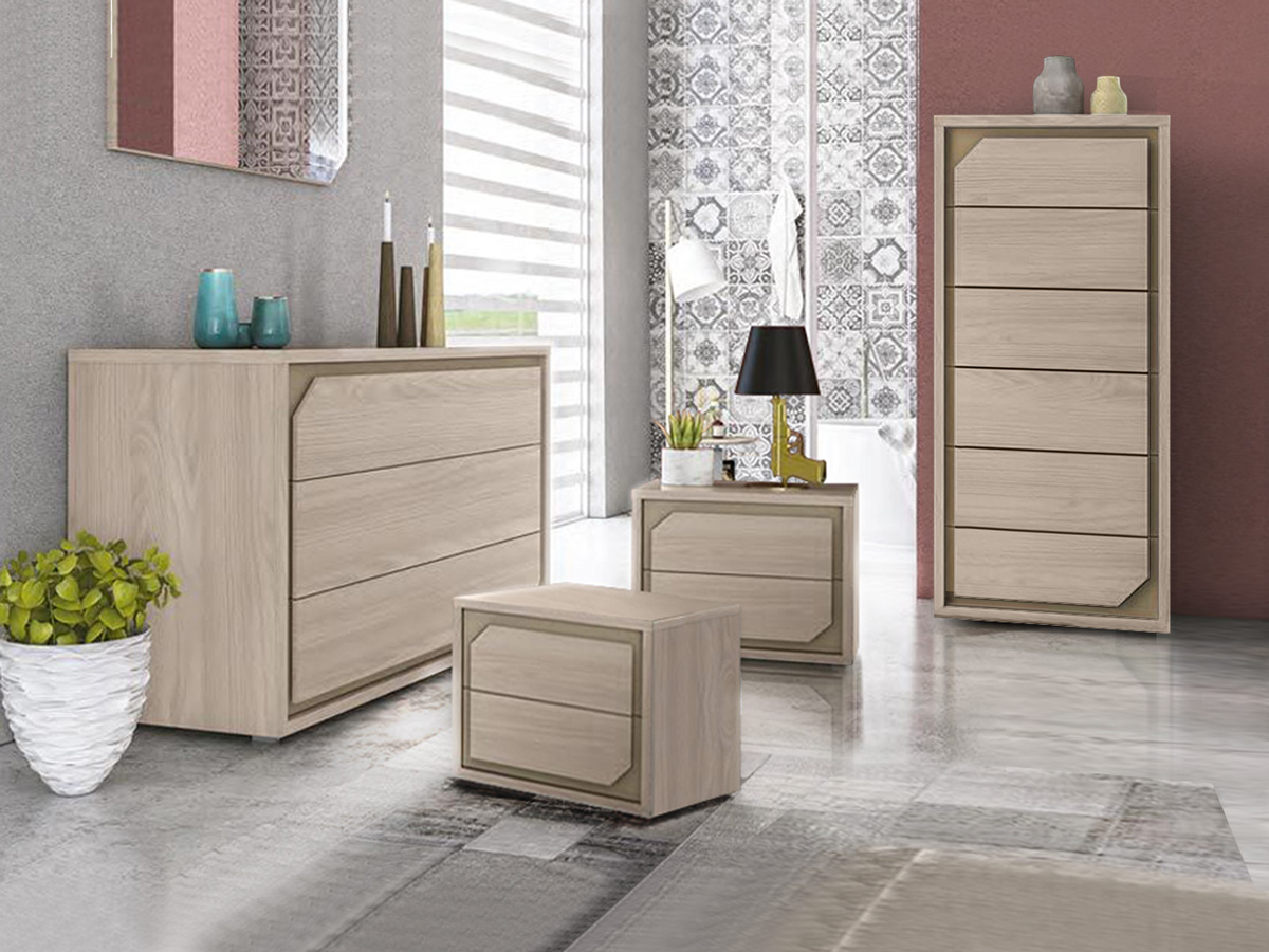 Set zona notte, Comò, Comodini e Settimino, Olmo Perla e Visone Made in Italy