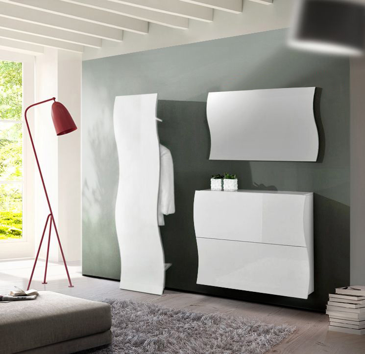 Mobili ingresso moderno con appendiabiti, specchiera e scarpiera