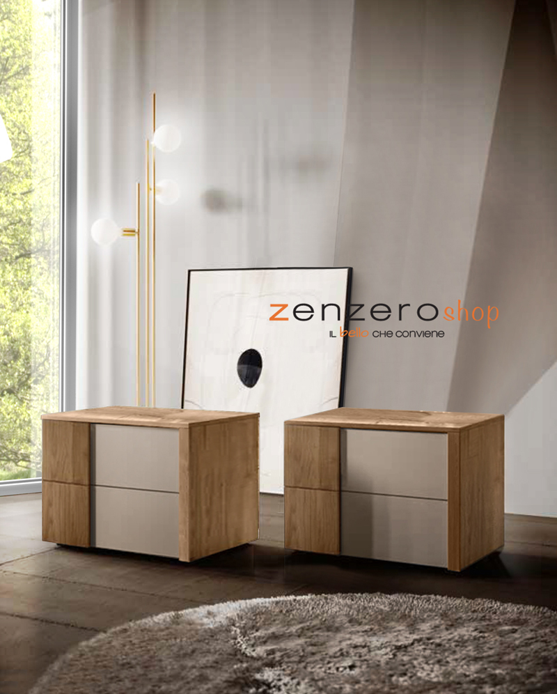 Un comodino Santorini bicolor in finitura Noce biondo e Visone