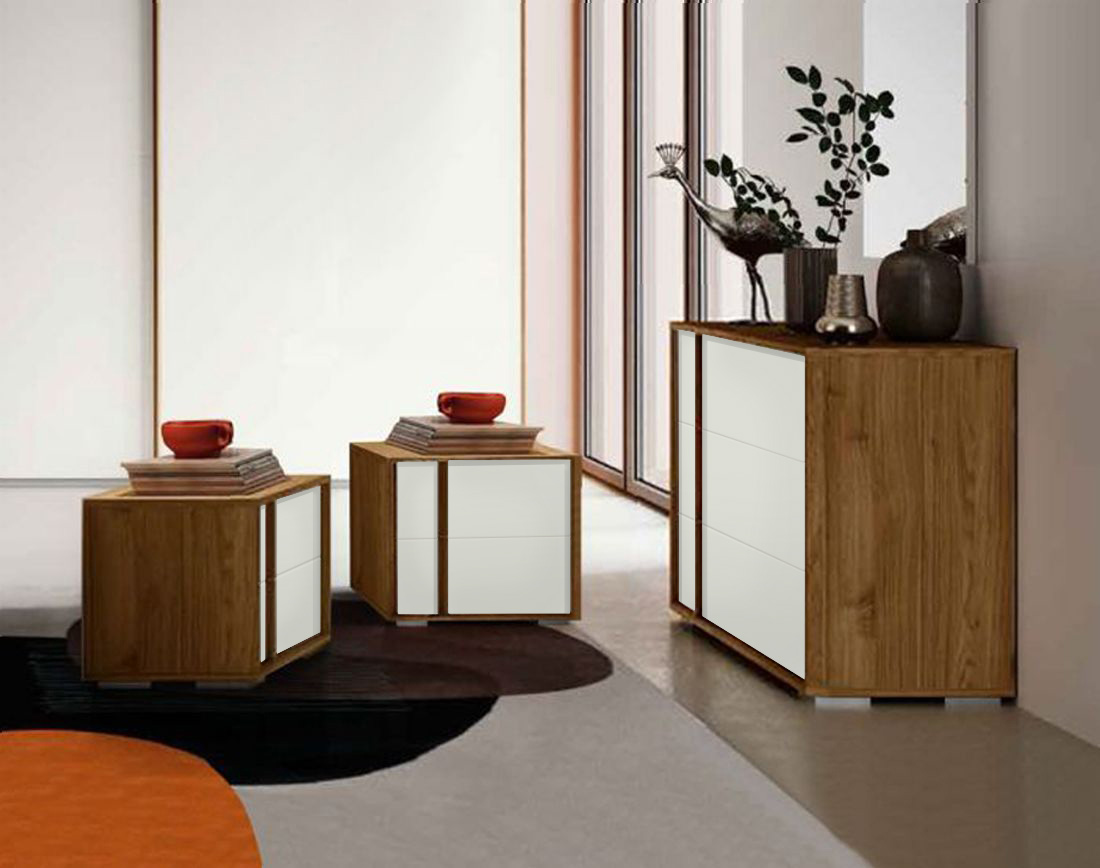 Camera matrimoniale Levante completa, finitura Bianco nobilitato opaco e Noce Biondo