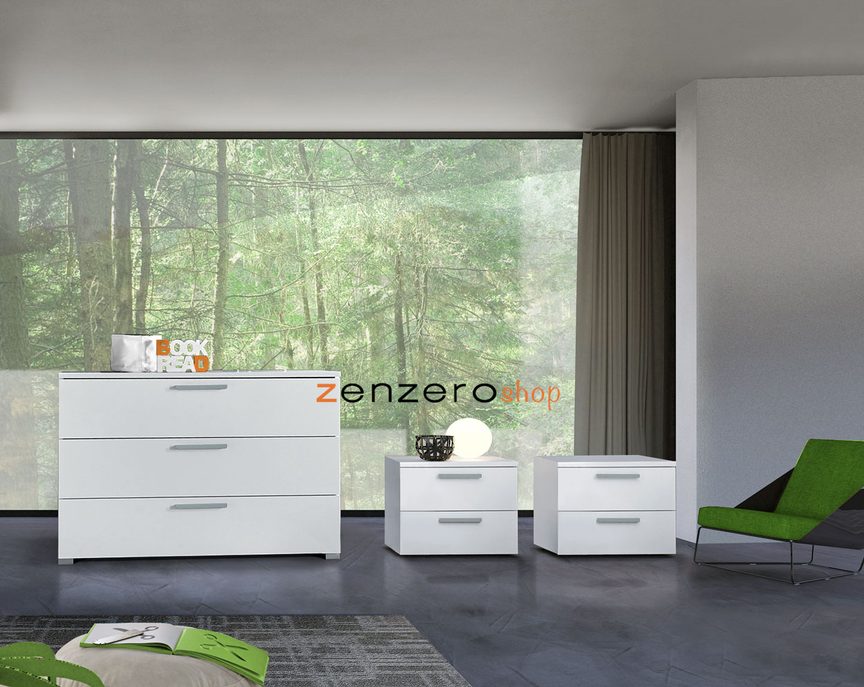 Set moderno per zona notte con Comò e Comodini, bianco opaco e grigio