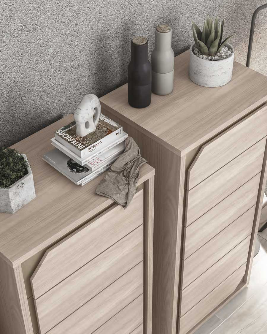 Camera da letto completa, finitura Olmo Perla e letto ecopelle sabbia, Made in Italy