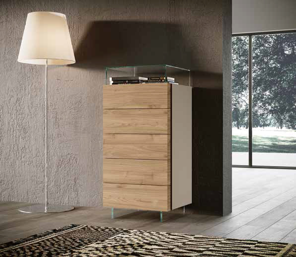 Settimino Palawan, 5 cassetti con piedi e teca, Noce biondo e Visone