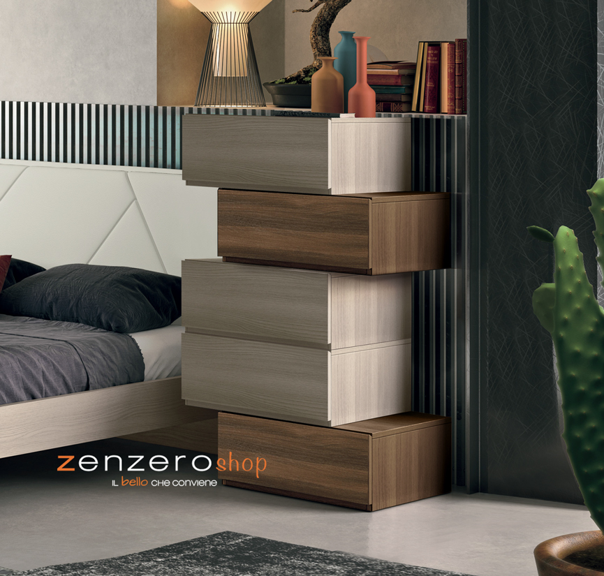 Settimino Bicolor particolare con 5 cassetti sfalsati di alta qualità in Olmo e Quercia brown