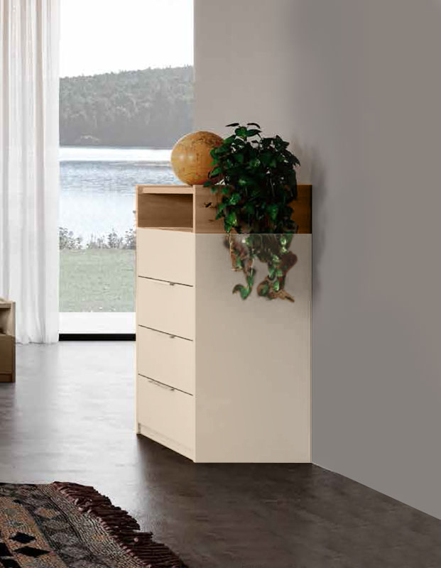 Settimino moderno con vano a giorno e 4 cassetti, Orzo e Noce Biondo