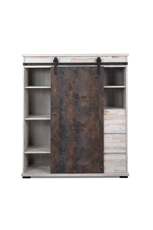 Madia alta Tromso con 2 ante e 3 cassetti in finitura Willow e Acero invecchiato