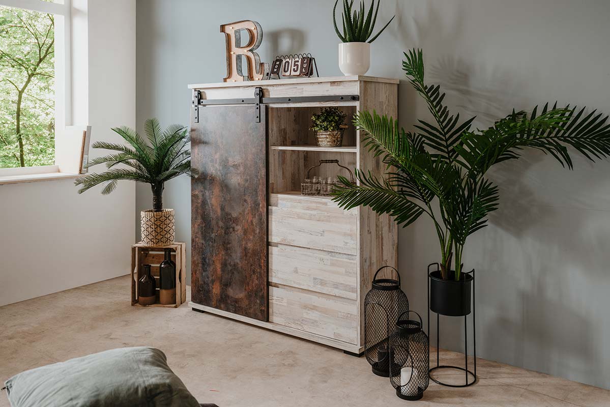 Madia alta Tromso con 2 ante e 3 cassetti in finitura Willow e Acero invecchiato