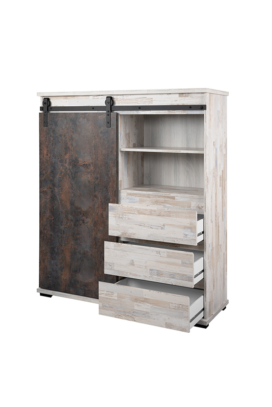 Madia alta Tromso con 2 ante e 3 cassetti in finitura Willow e Acero invecchiato