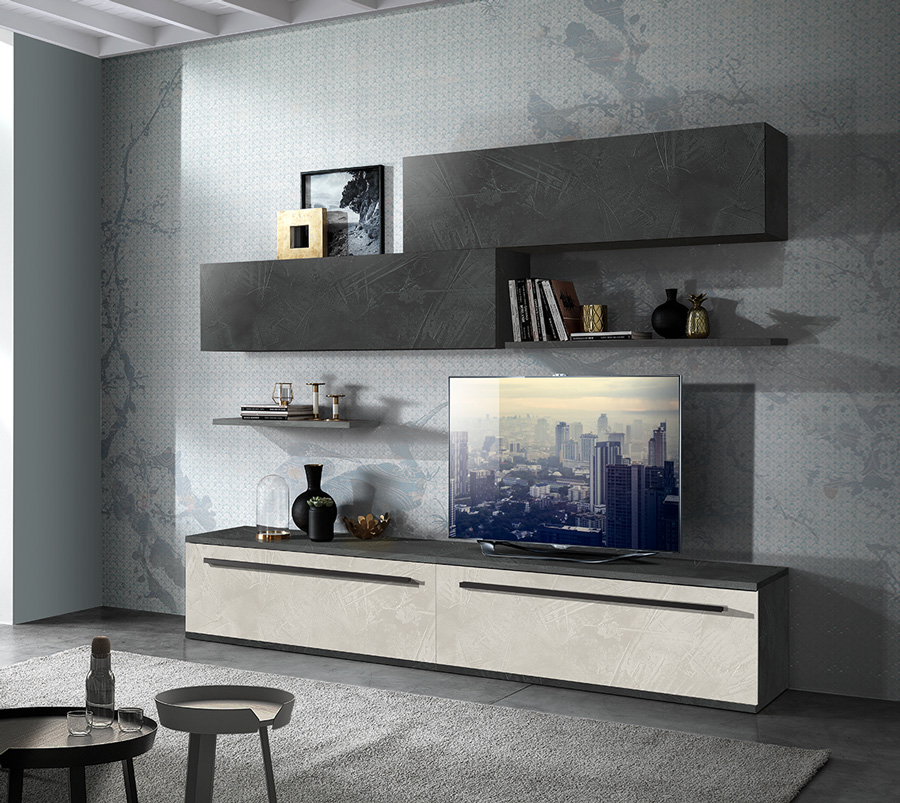 Parete attrezzata di design Made in Italy, con finitura in Argilla e Resina dark