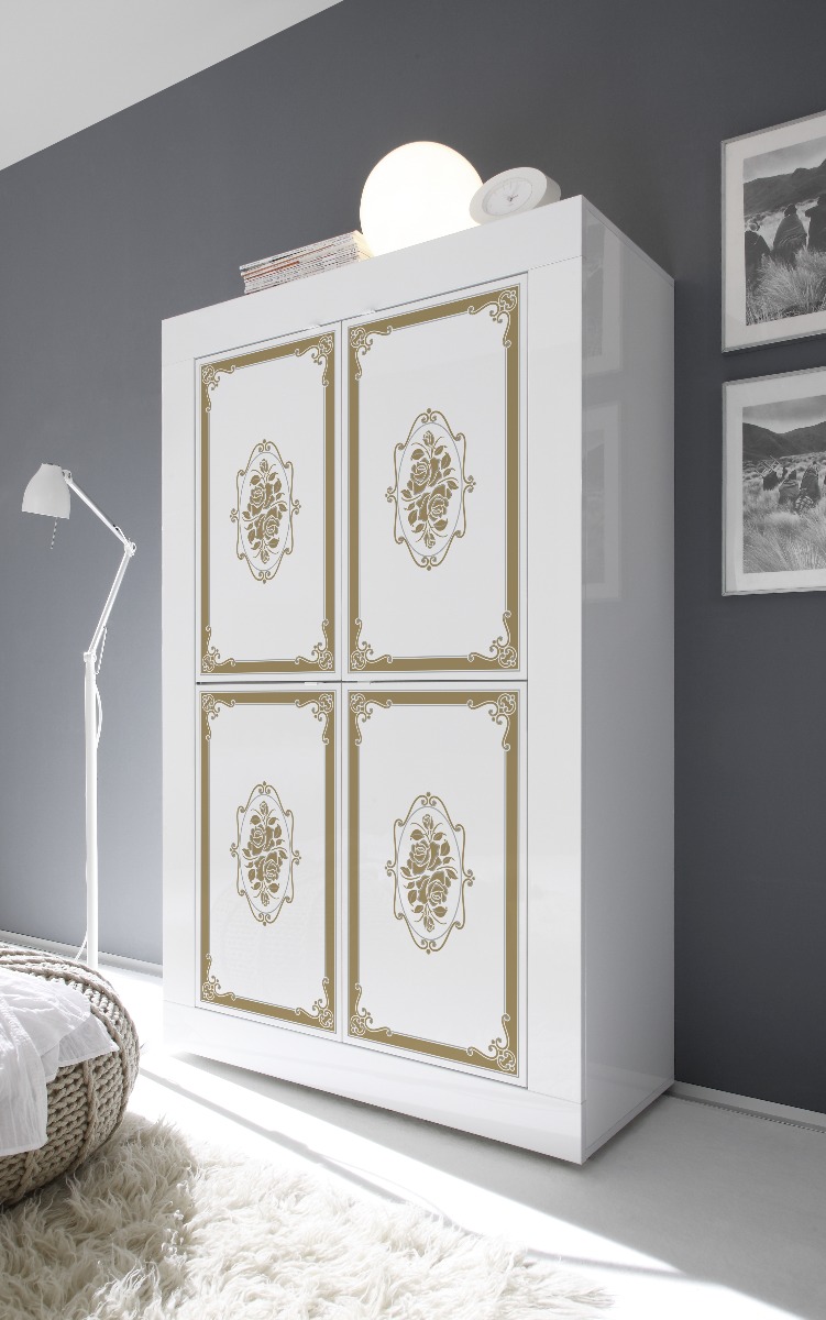 Vetrina chiusa 4 ante, bianco lucido con serigrafia dorata, Made in Italy