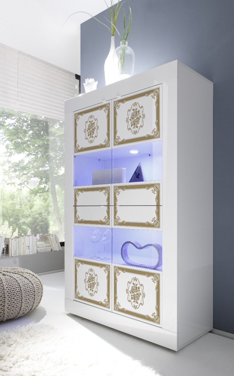 Vetrina 4 ante, bianco lucido con serigrafia dorata, Made in Italy