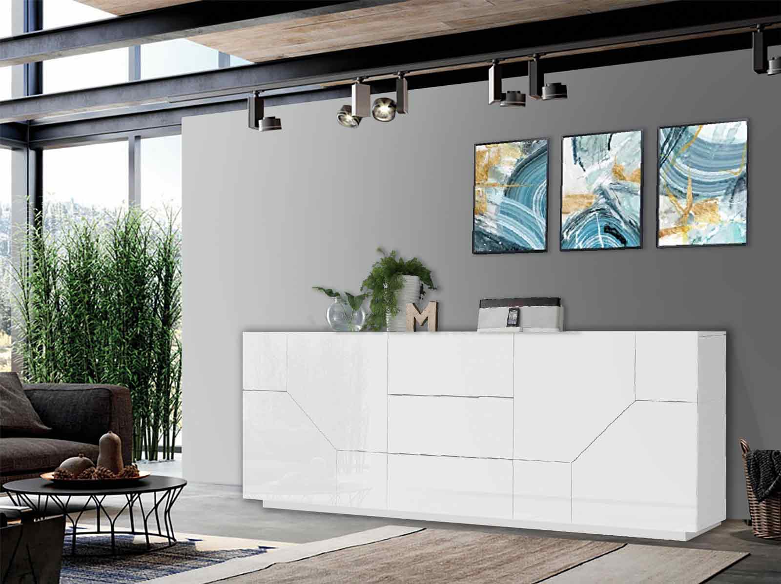Credenza geometrica moderna e di design 4 ante e 3 cassetti, Bianco laccato lucido 
