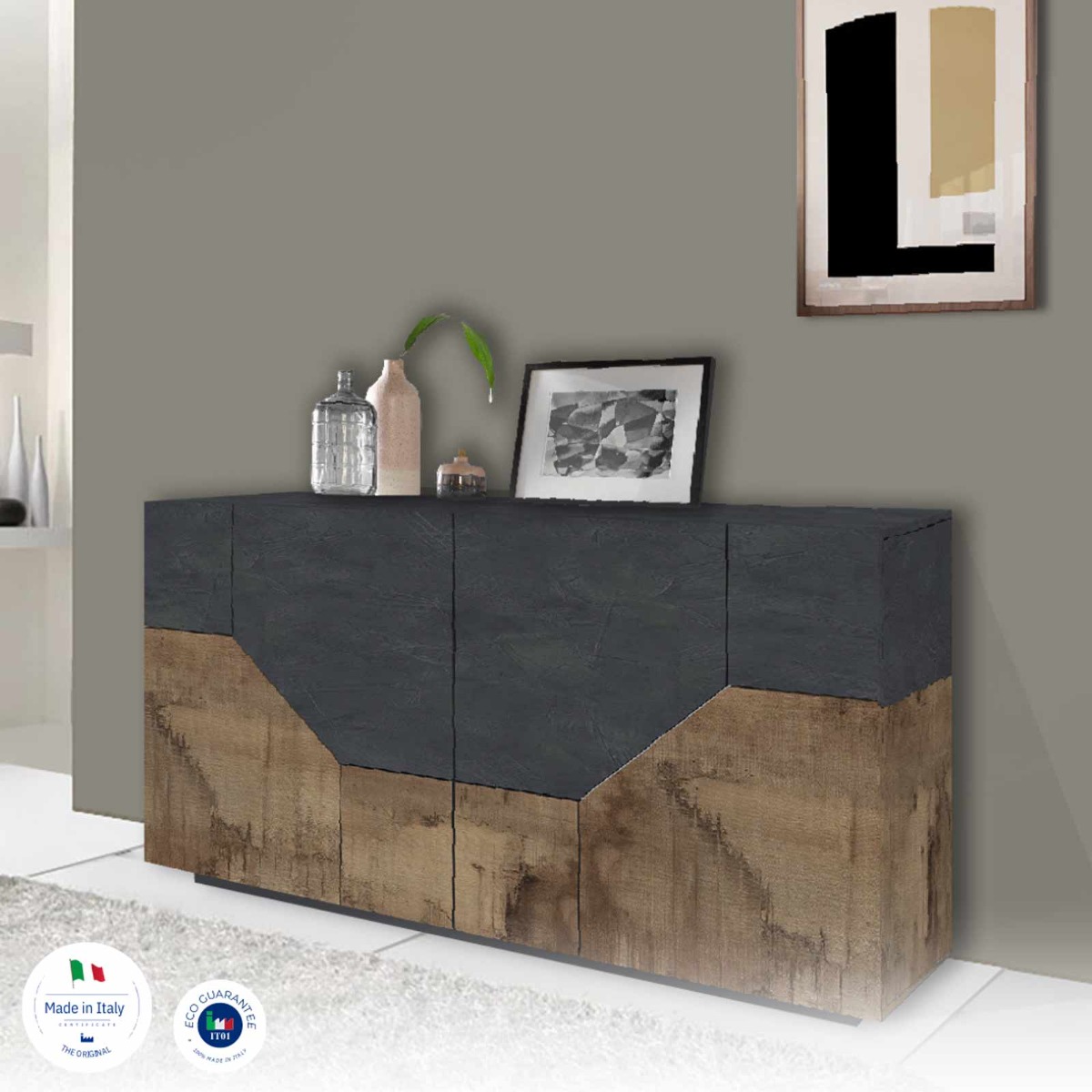 Credenza salvaspazio Ardesia e Pero a 4 ante L.158 cm, Made in Italy