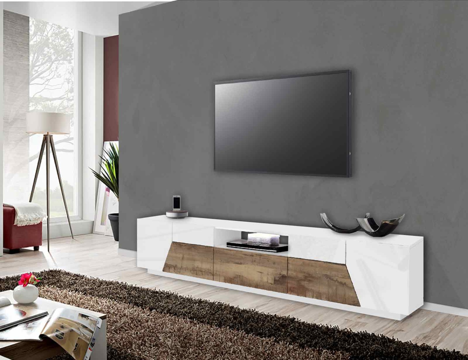 Economico Porta TV L.220 cm, colore Pero e Bianco lucido 