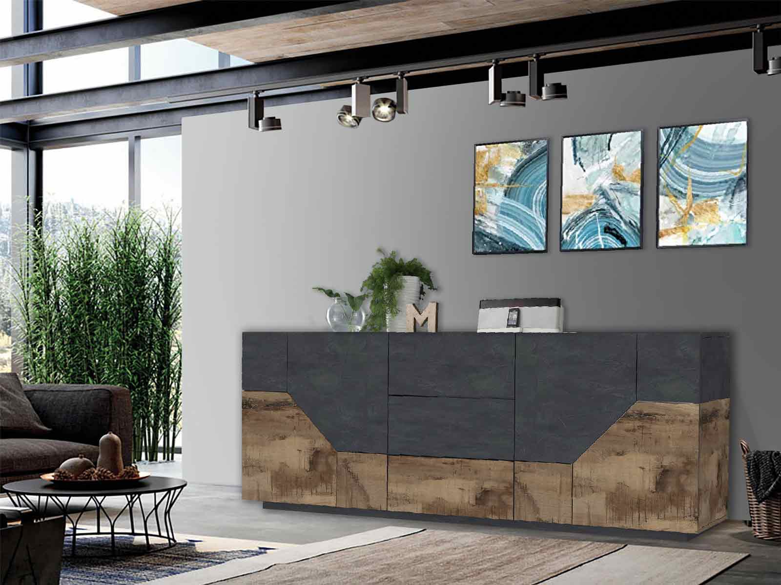 Conveniente Credenza geometrica 4 ante e 3 cassetti, colore Ardesia e Pero