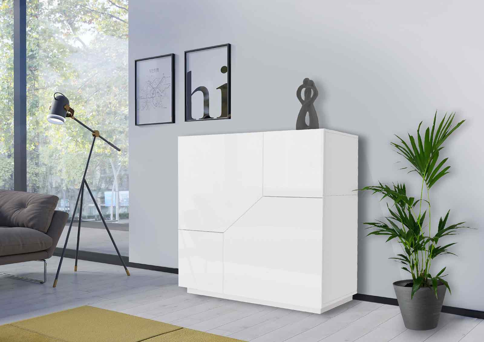 Credenza alta a 2 ante, colore Bianco laccato lucido 