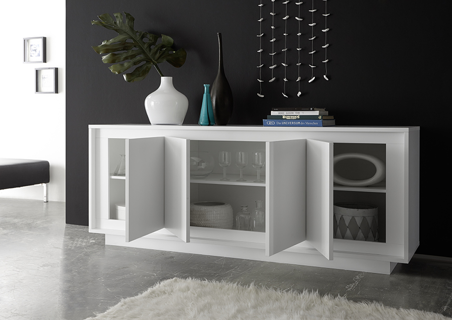 Credenza Moderna, Madia di Design, 4 ante, Bianco Opaco Serigrafia Sigaretta