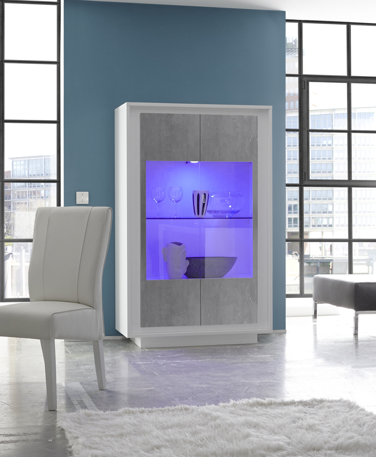 Vetrina Design Moderno, 2 ante Alta, Bianco Opaco con frontali Beton