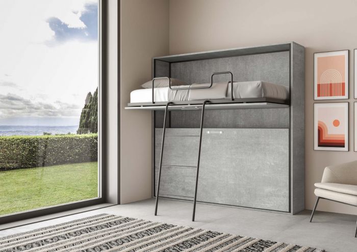 Letto finitura Cemento, composto da due letti singoli a castello a scomparsa