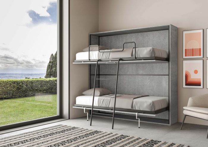 Letto finitura Cemento, composto da due letti singoli a castello a scomparsa