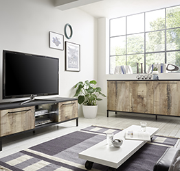 Soggiorno Industry con porta tv e madia in finitura Nero bruciato e Legno