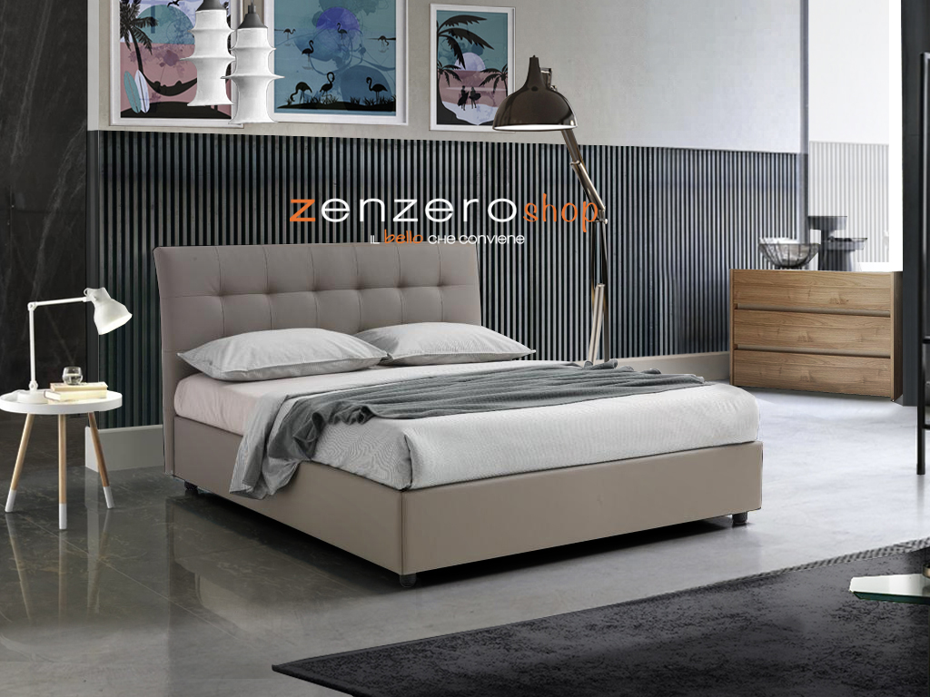 Letto matrimoniale con contenitore, ecopelle color Piuma Tortora scuro