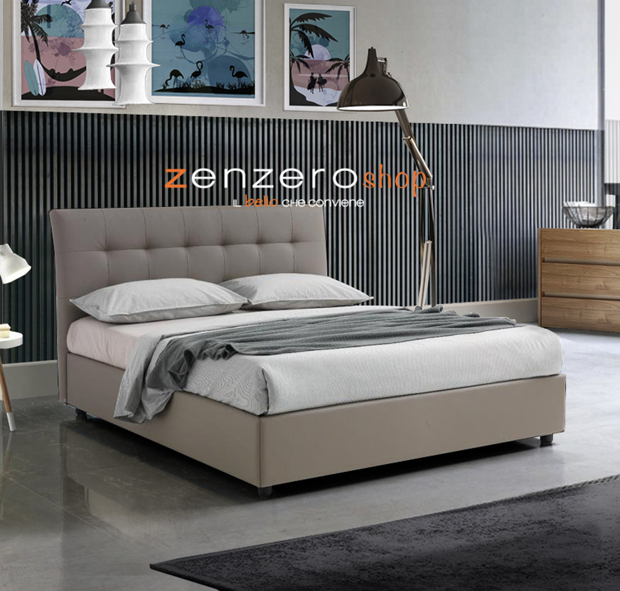 Letto matrimoniale con contenitore, ecopelle color Piuma Tortora scuro