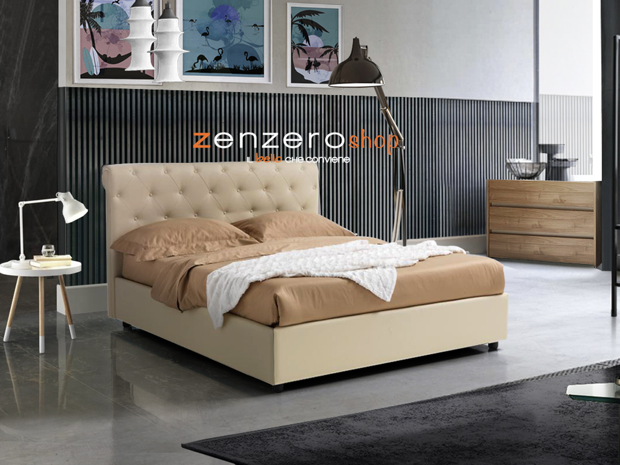 Letti contenitori matrimoniali, letto in ecopelle color Piuma Beige