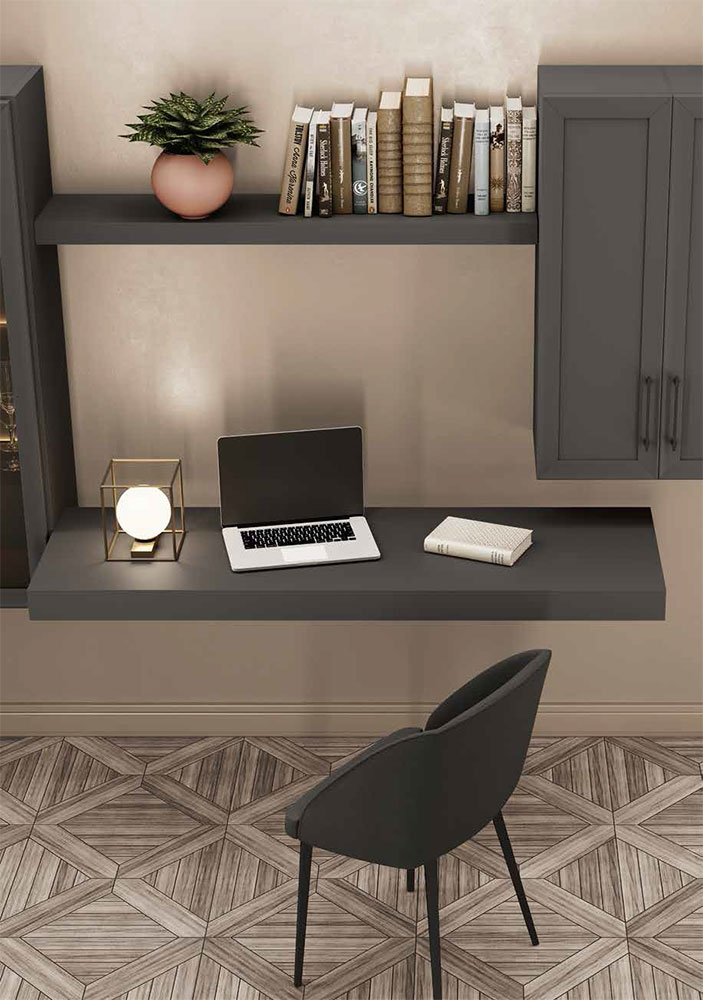 Zona studio con vetrina, finitura Grigio titanio 