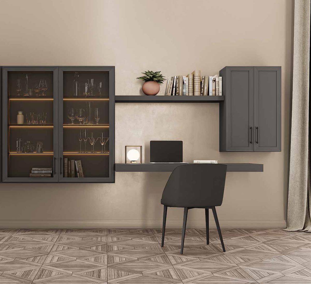 Zona studio con vetrina, finitura Grigio titanio 