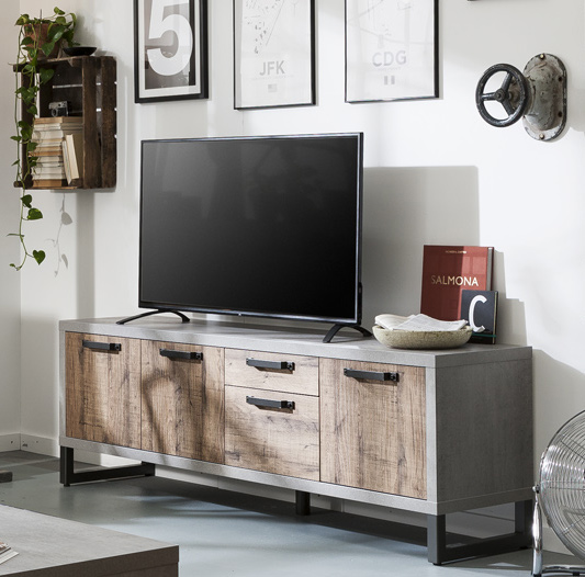 Porta tv Industry in finitura Cemento e Rovere invecchiato