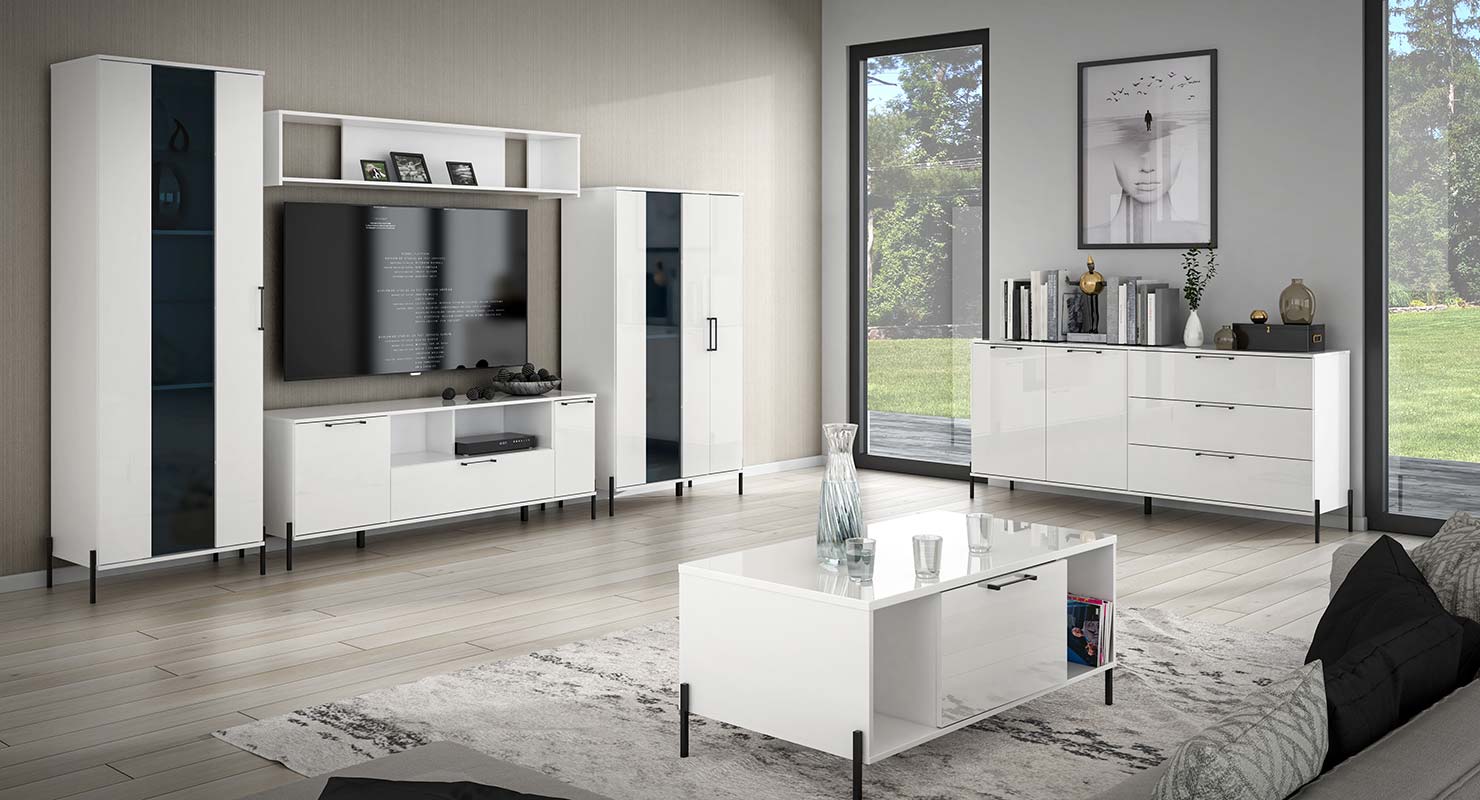 Soggiorno completo Bianco lucido con piedini neri