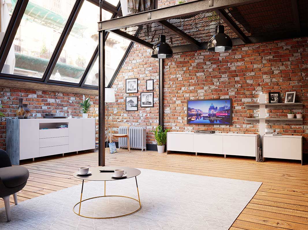 Soggiorno con parete attrezzata e madia, Bianca lucido e Grigio loftwood