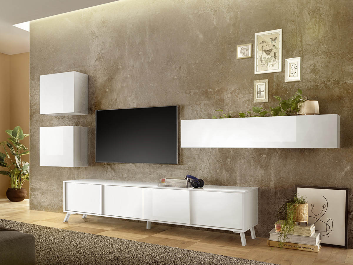 Parete attrezzata moderna, 6 ante battenti, finitura Bianco Lucido