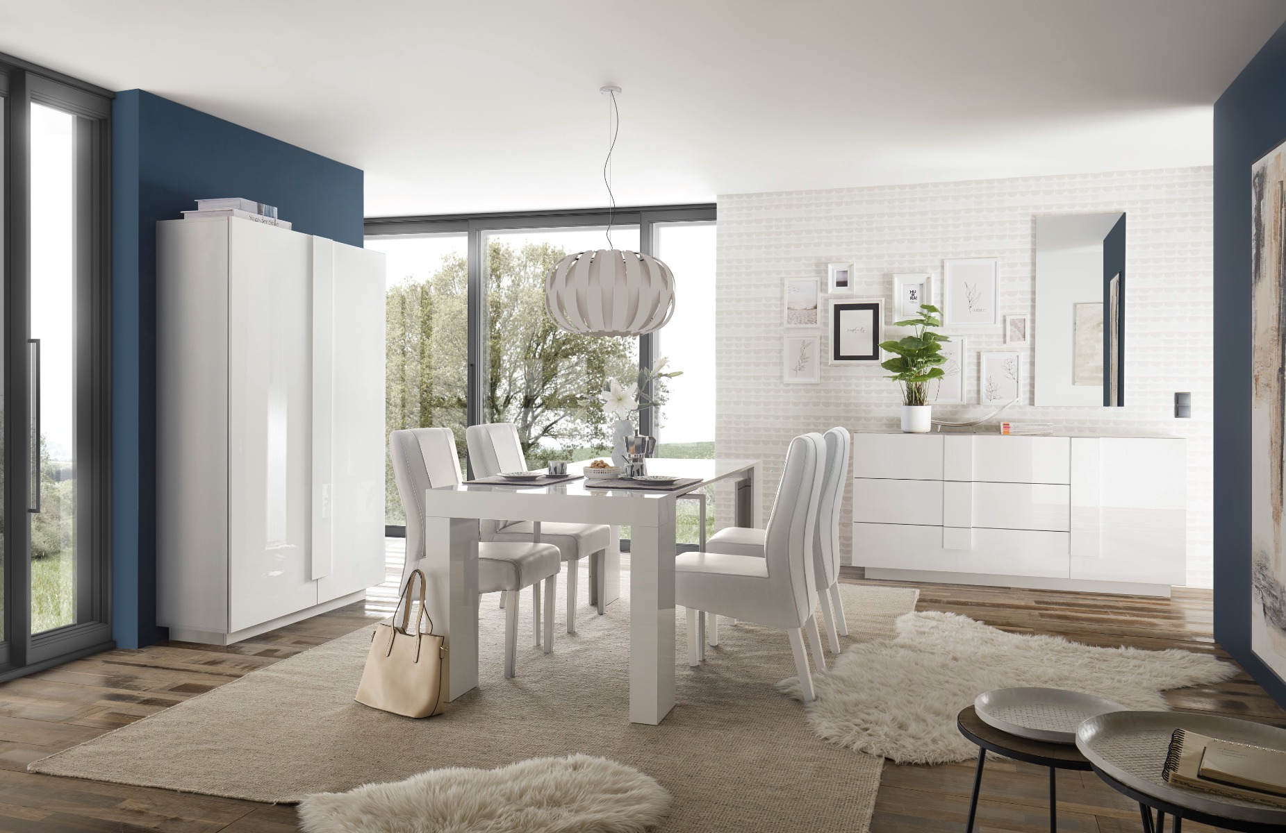 Soggiorno bianco con tavolo, credenza e colonna in finitura Bianco laccato lucido