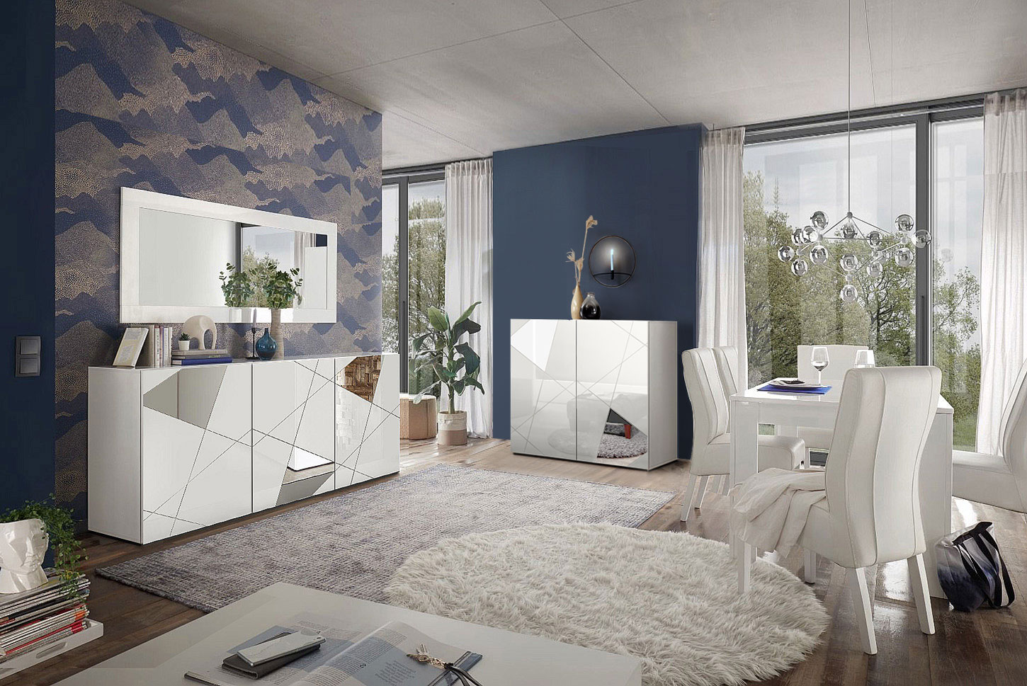 Soggiorno con libreria, credenza e tavolo in Bianco lucido