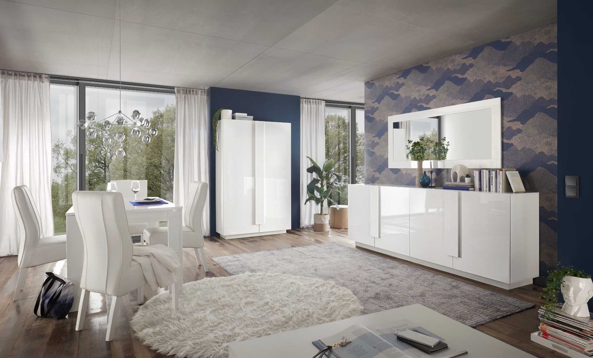 Soggiorno bianco moderno con tavolo, credenza e colonna