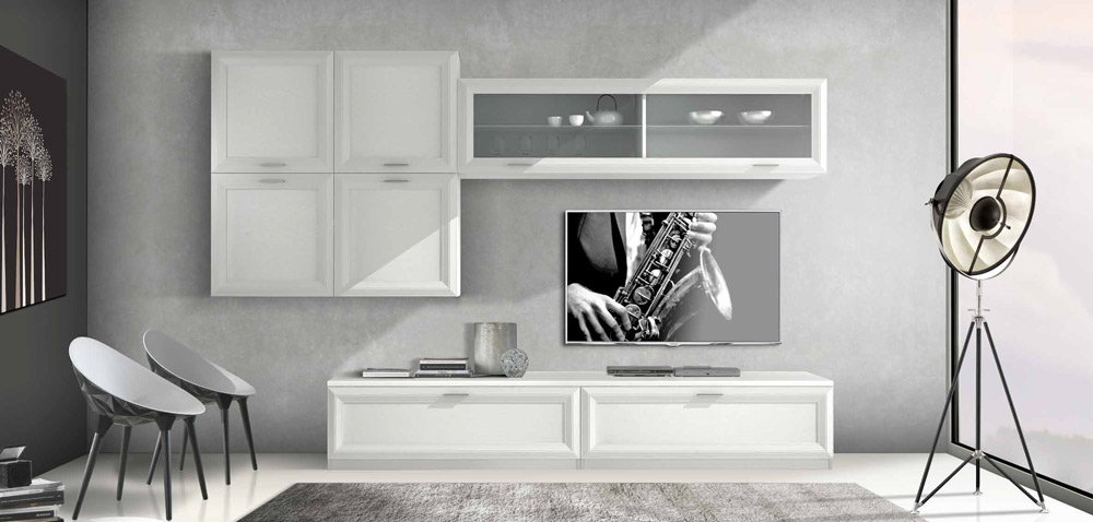 Parete attrezzata colore Bianco frassino dallo stile classico, larghezza 3 metri