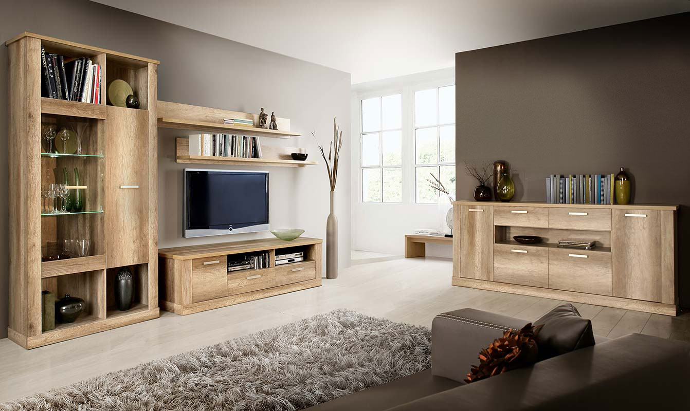 Soggiorno contemporaneo con vetrina, porta tv e madia in Rovere antico 