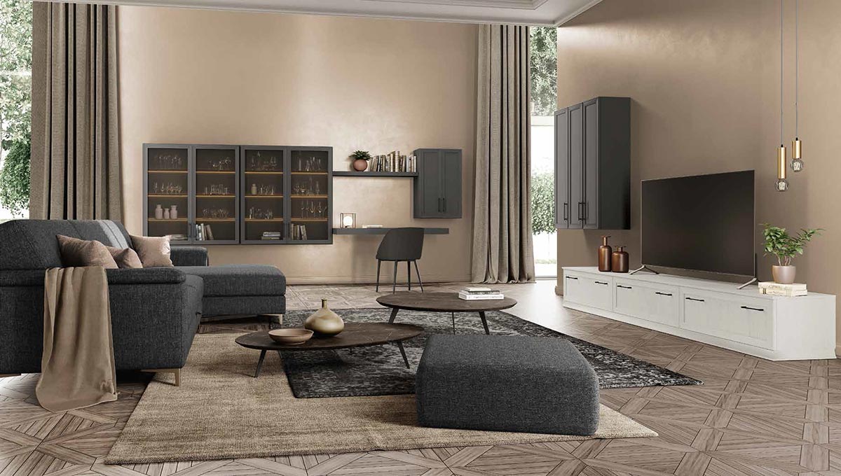 Zona studio con vetrina, finitura Grigio titanio 