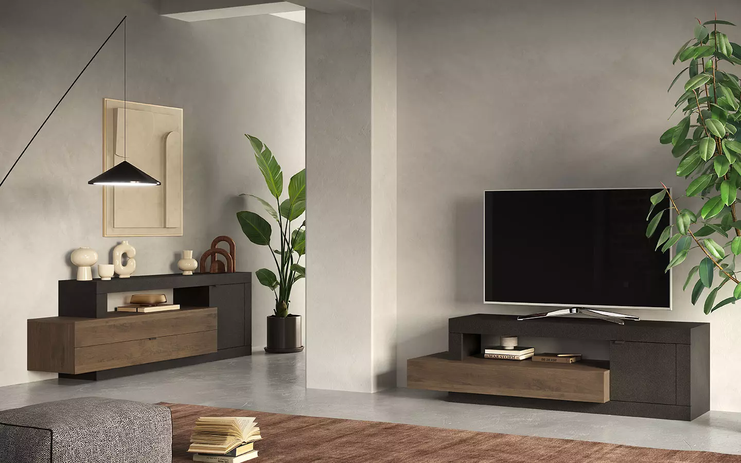 Porta tv design moderno in finitura Lava e Mercure, 1 anta 1 cassetto Zenzero Shop