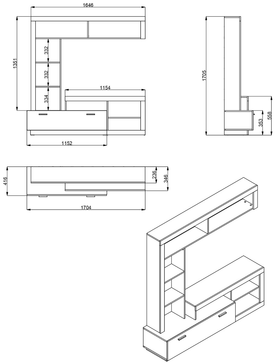 Parete attrezzata soggiorno, finitura Rovere grigio e Bianco opaco