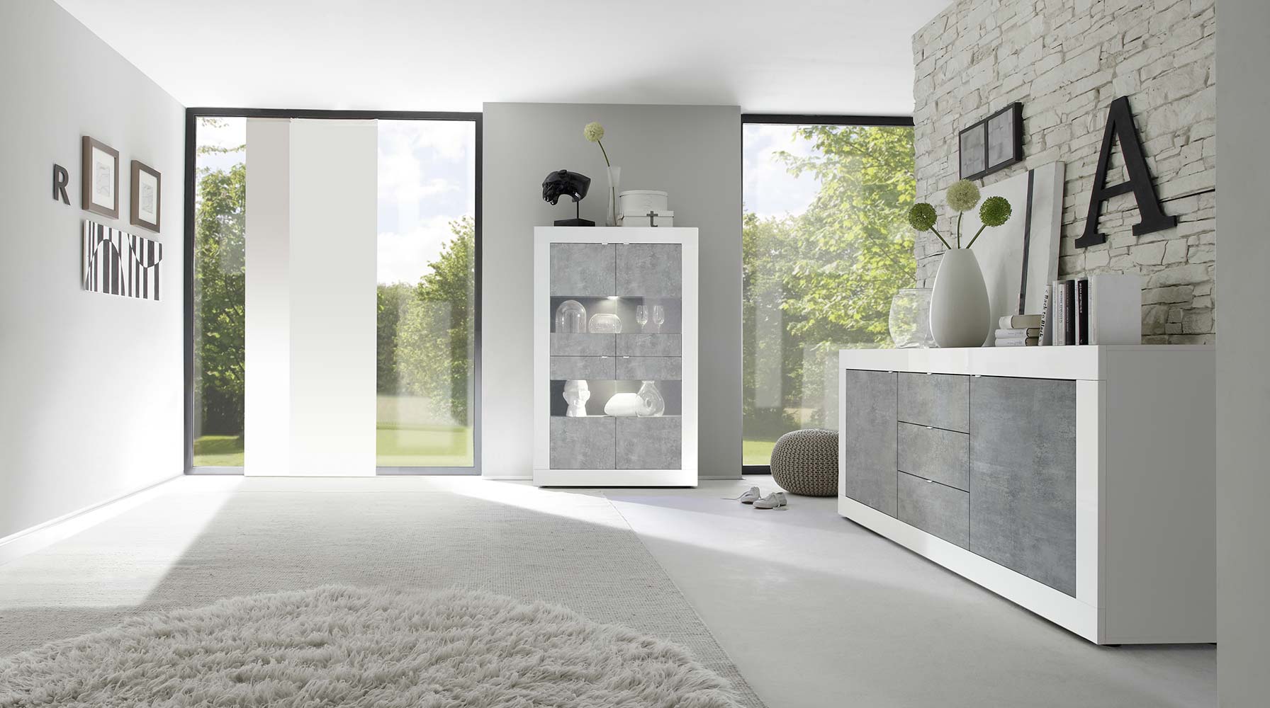 Credenza Moderna, Madia di Design, 2 ante e 3 cassetti, Bianco e Cemento