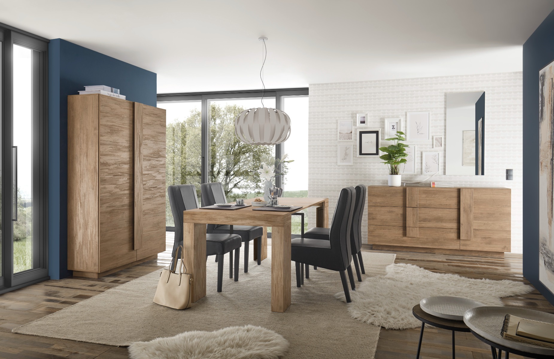 Soggiorno moderno scontato con tavolo, credenza e colonna in finitura Mercure
