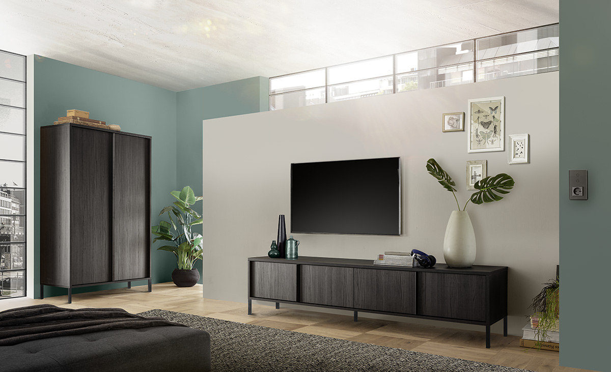 Soggiorno moderno, frassinato nero, composta da Madia e Porta TV