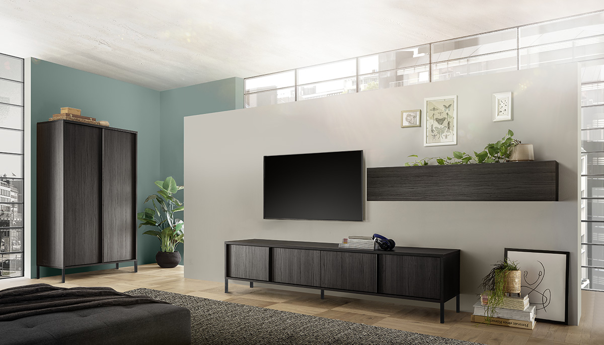 Composizione moderna, frassinato nero, composta da Madia e parete attrezzata