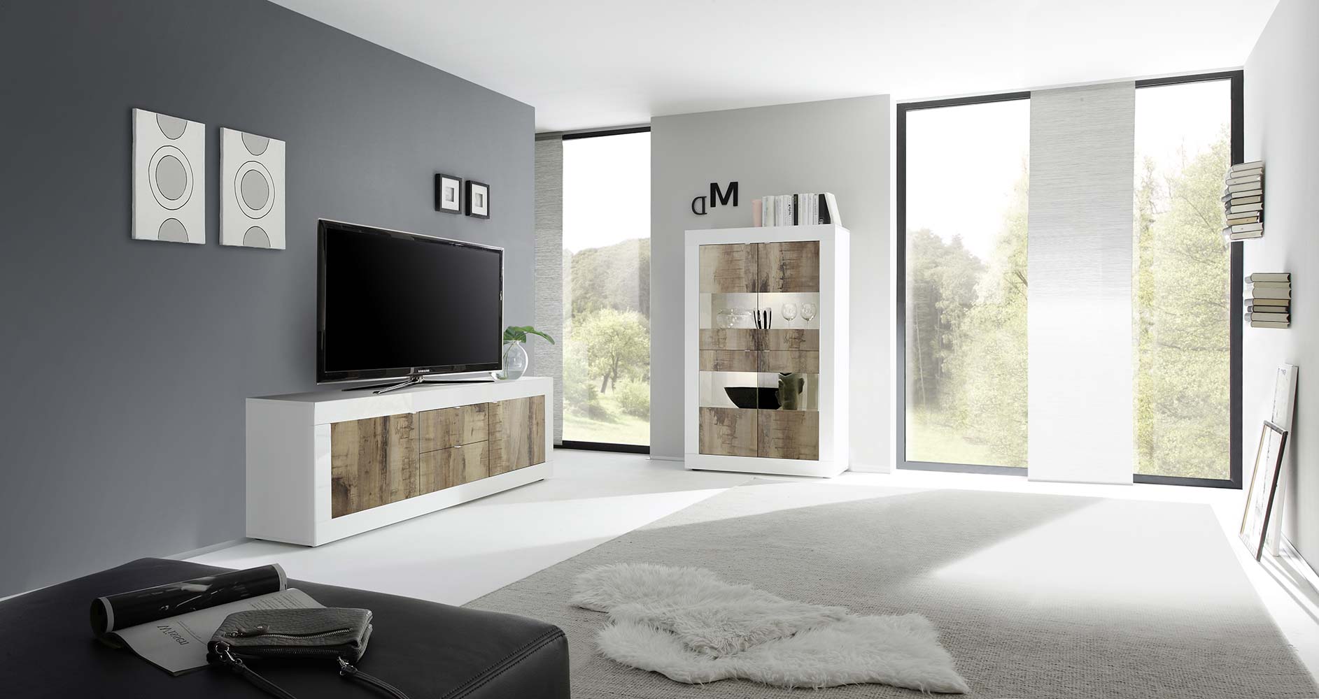 Madia bassa, Bianca Lucida con 2 ante e 2 cassetti in finitura Pero