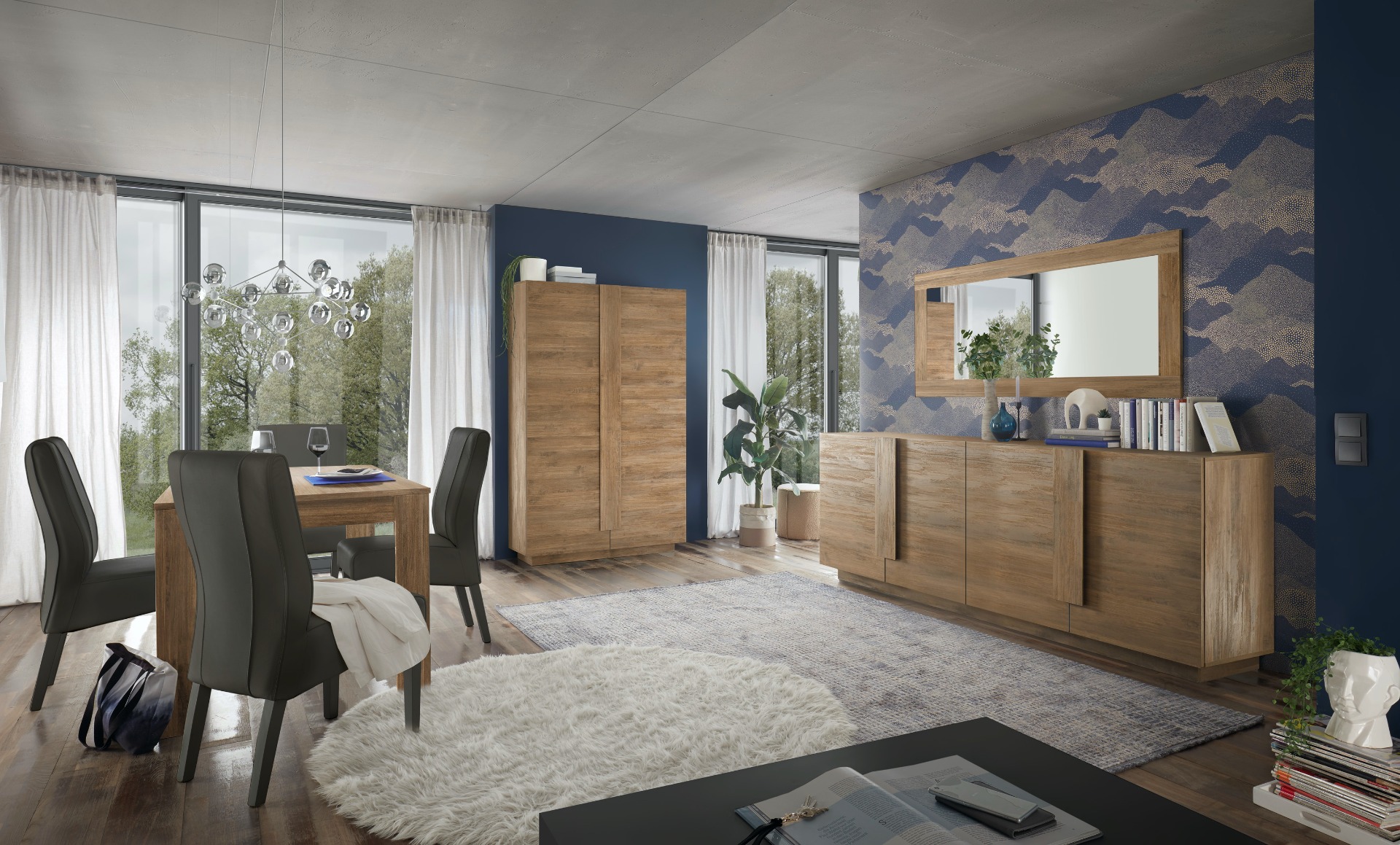 Offerta soggiorno moderno con tavolo, credenza e colonna in finitura Mercure