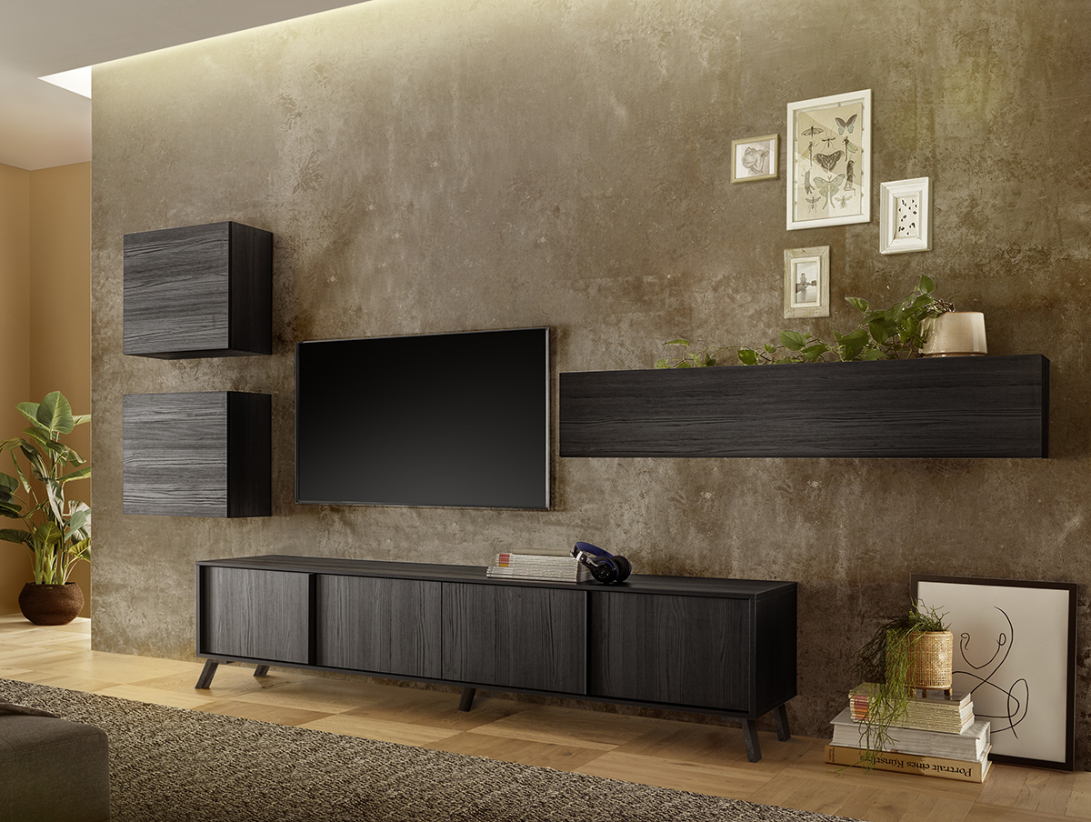 Parete attrezzata moderna, 6 ante battenti, finitura Nero frassinato