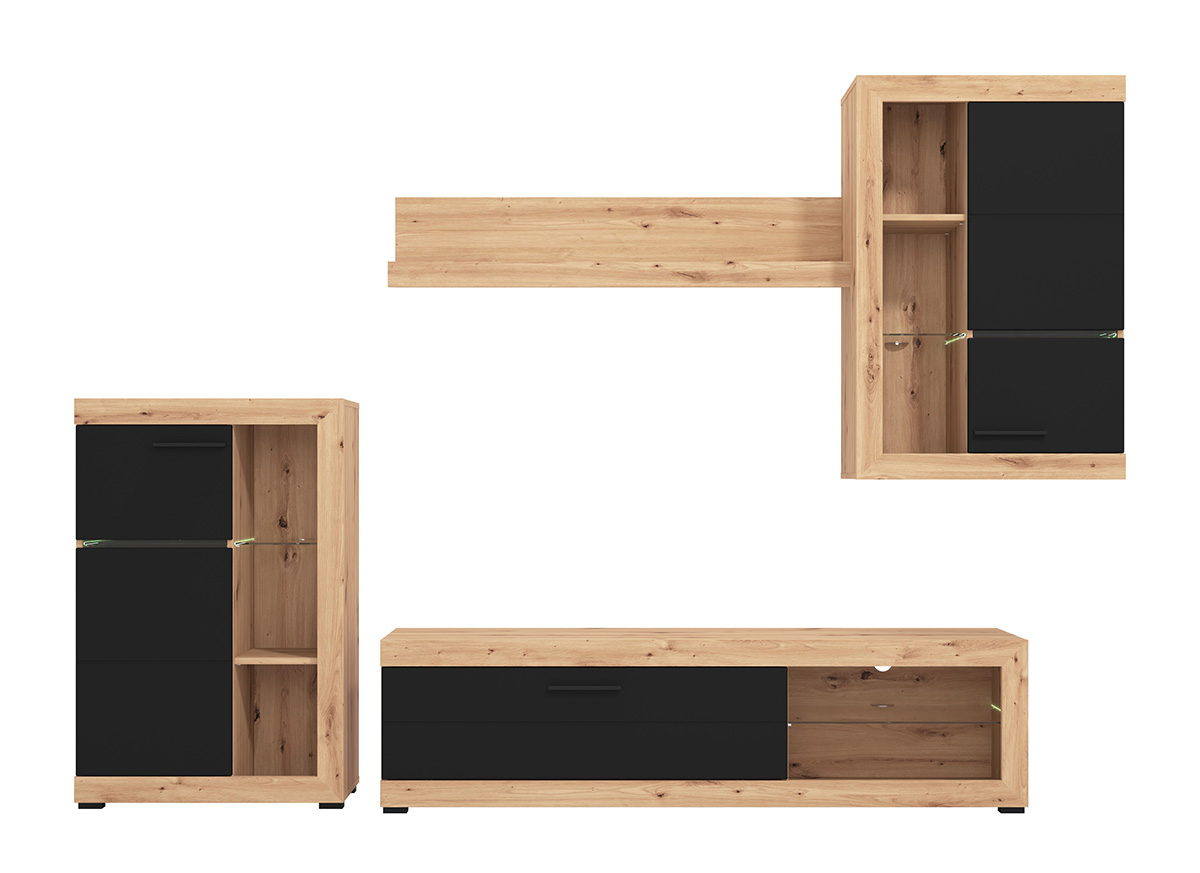 Parete attrezzata con vetrine, finitura Rovere e Nero opaco